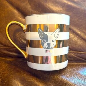 DOGHAUS BONE JOUR French Bulldog Ceramic Mug with gold & white striped design